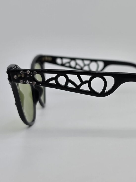 1950’s Black Rhinestone Frame G-15 Green Glass Lens Vintage Cat Eye Sunglasses main image 12